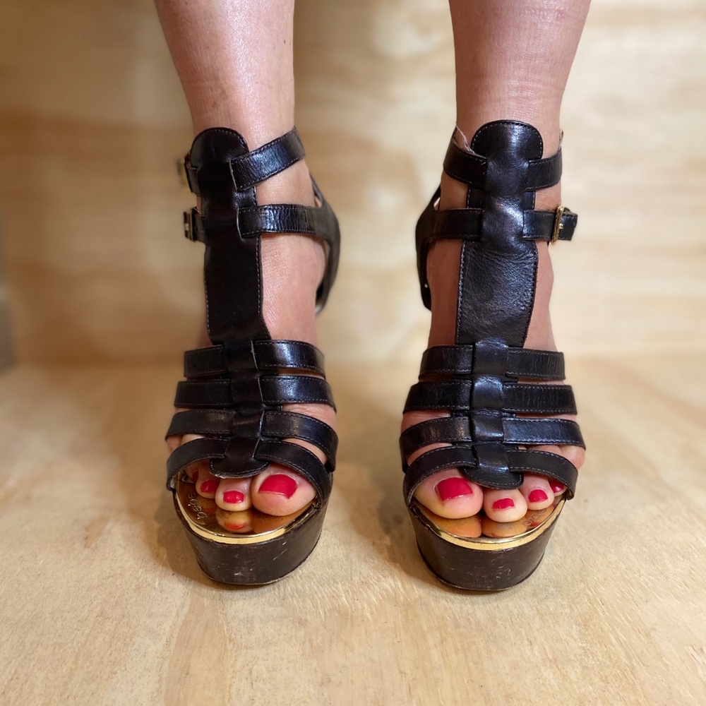 Bebe Brown Strap Heels With Gold Plate Toes